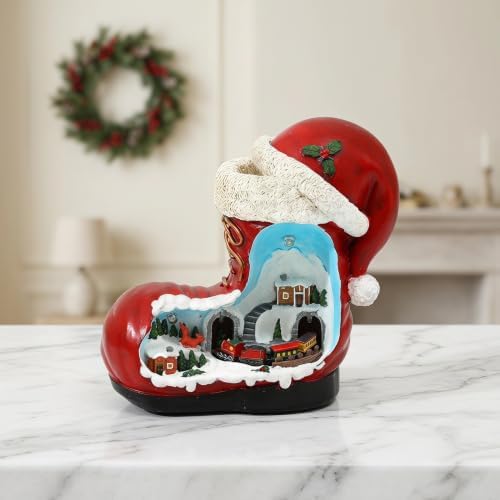 ARTIBETTER Santa Boot Music Box with Lighted Miniature Village & Rotation Train Animated Christmas Table Decoration for Living Room, Holiday Centerpiece, Gifting