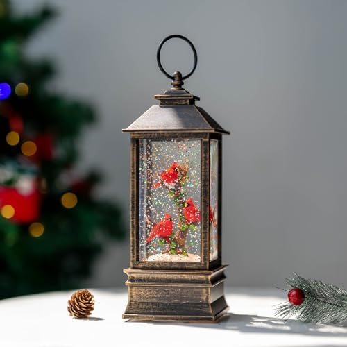 10'' Lighted Cardinal Music Snow Globe Water Lantern with Swirling Glitter Decoration for Christmas Home, Living Room, Battery Operated or USB Powered