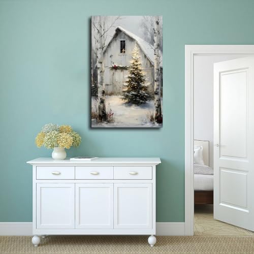 Rustic Christmas Barn Poster Winter Farmhouse Snow Landscape Wall Art