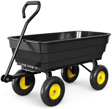 Heavy-Duty 1200 lb Poly Garden Dump Cart with 180° Adjustable Handle, Quick-Release Dump & All-Terrain Utility Wagon – Black Bucket with Yellow Rims