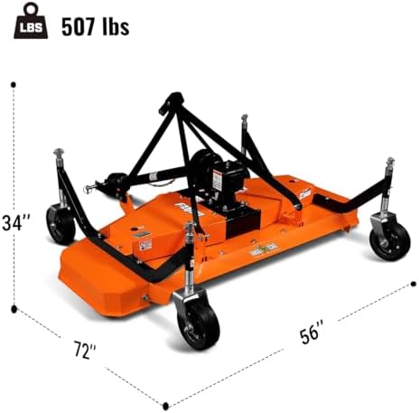 3 Point PTO 72'' Working Width Finish Mower Attachment for 18-50hp Tractor, Category 1 Hitch, 4-Tires, 0.4'' - 4.5'' Adjustable Cutting Height, Model FM180