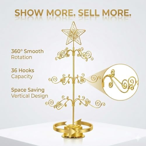 HOHIYA 24" Rotating Ornament Display Tree 36-Hook Metal Gold Stand