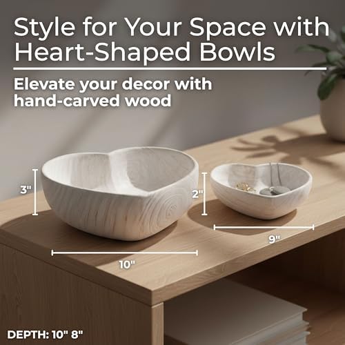 Paulownia Wood Decorative Bowls – Accent Bowl Set for Catch-All Storage, Table or Shelf Styling in Living Room or Bedroom – Heart Shape Decorative Character Detail, Home Decor – 9"&10", White Finish