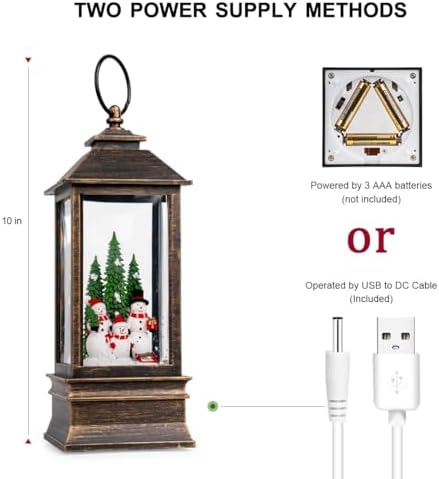 10'' Musical Snow Globe Lantern Lighted Snowman Family Water Lantern Swirling Glittering Home Decoration and Gift, Battery Operated or USB Powered