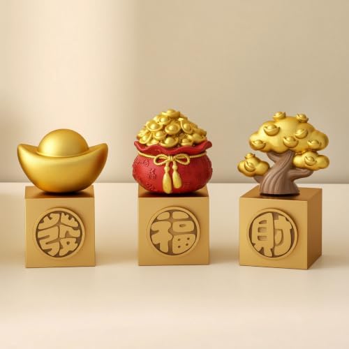 3 Pieces Rotating Ornaments with Pedestal Prosperity Tabletop Tree Miniature Metal Ingot Figurine for Office Desk, Color to 1, Small