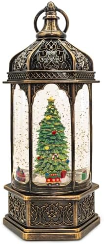 DGSCAK Lighted Musical Christmas Snow Globe Lantern, 11.6" Rotating Christmas Tree Snow Globe with 8 Songs, 6H Timer, Hanging Ring, Bronze Musical Box Decor