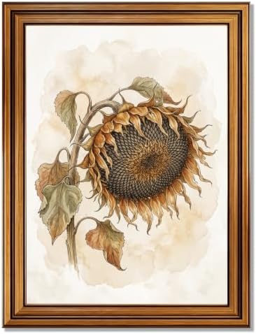 Sunflower Halloween Wall Art, Gold Vintage Framed Moody Botanical Print