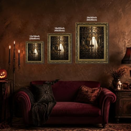 Gold Vintage Framed Ghost Wall Art, Spooky Halloween Cemetery Print