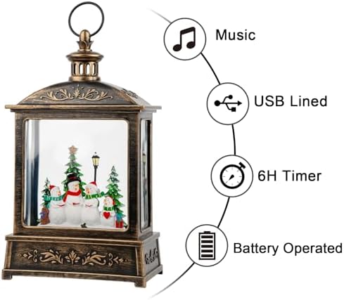 12.5'' Christmas Snow Globe Lantern Lighted Snowman Choir Musical Snowmen Carolers Water Lantern in Swirling Glittering Home Decoration and Gift, Battery Operated or USB Powered