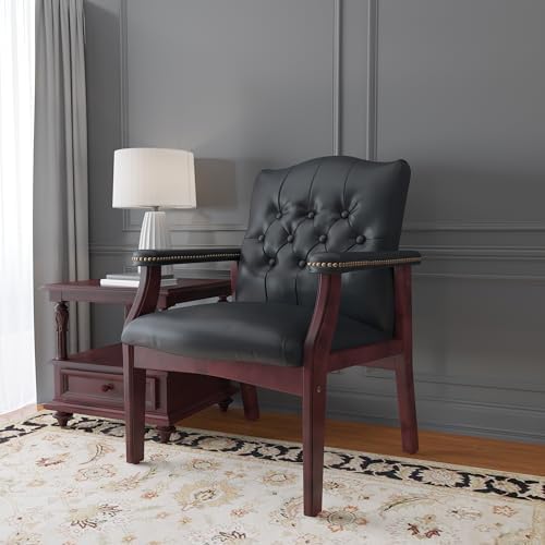Boss Office Products Traditional Caressoft Vinyl Guest Chair with Mahogany Finish Wood Base, Black