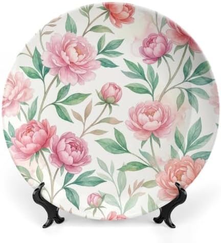 Peony Decorative Plates 10 Inch Watercolor Summer Floral Wall Art with Display Stand