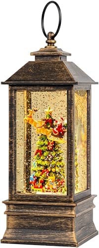 10'' Musical Snow Globe Lantern Lighted Christmas Tree and Flying Santa Water Lantern Swirling Glittering Home Decoration and Gift, Battery Operated or USB Powered