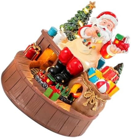 DOITOOL Musical Box and LED Warm Light with Rotating Santa Figurine Christmas Resin Xmas Music Box Battery Operated Glowing Centerpiece for Indoor Holiday Setting