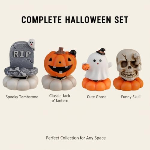 Halloween Rotating Resin Figurine, Spinning Pumpkin Ghost Skeleton Desktop Decoration, Cute Halloween Tabletop Decor for Home Office Party Tiered Tray Display
