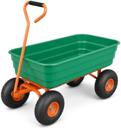 Heavy-Duty 600 lb 4 Cu.Ft. Poly Garden Dump Cart with 180° Rotating Handle & 10" No-Flat Tires – Green Bucket with Orange Accents