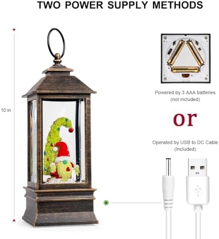 10'' Christmas Gnomes Snow Globe Lantern Lighted Whimsical Christmas Tree & Scandinavian Santa Elf Musical Water Lantern Swirling Glittering Home Decoration and Gift, Battery Operated or USB Powered