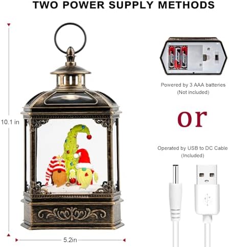 VISFLAIR Musical Snow Globe Lantern Lighted Whimsical Christmas Tree & Gnomes Scandinavian Santa Elf Water Lantern with Swirling Glittering Home Decoration and Gift, Battery Operated or USB Powered
