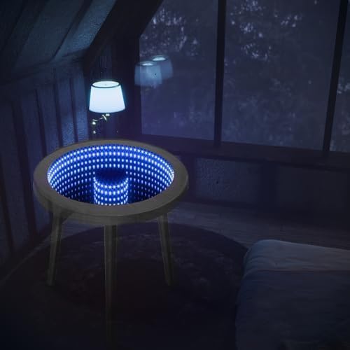 HANYEE Small Circle Coffee Table, Infinity Mirror Table, Small Round Side Table, for Home Living Room, Office,Tempered Glass Surface with RGB LED Lighting Smart Control, Office and Bedroom-Grey