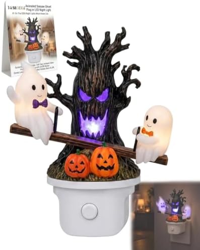 Animated Seesaw Ghost Plug in LED Night Light Halloween Lights with Spooky Tree Pumpkin Design Decor 3D Cute Halloween Ghost Light 2026 New Halloween Pumpkin Trees Lamp Table Lamps