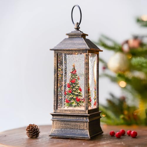 VISFLAIR 10'' Lighted Christmas Tree Cardinal Music Snow Globe Water Lantern with Swirling Glitter Decoration for Christmas Home, Living Room, Battery Operated or USB Powered