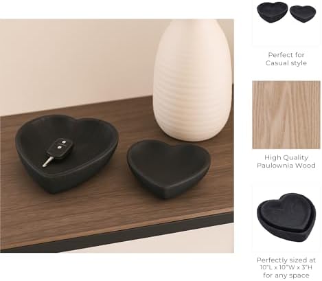 Set of 2 Wooden Decorative Bowls – Accent Bowl Set for Everyday Display, Coffee Table or Entryway Styling – Heart Shape Design for Soft, Sculptural Impact, Home Decor – 10" & 8", Black