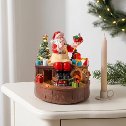 Ipetboom Santa Workshop Rotating Music Box - Resin Christmas Music Box - LED Light Up Musical Ornament for Indoor Festive Party, Holiday Home, Battery Powered Display