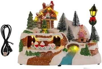 LED Light Christmas Village Scene with Rotating Train Musical Lighted Collection Figurines for Home Decors Musical Village Houses Figurine