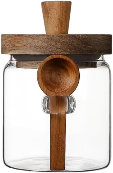 ANSQU Glass Jar with Wooden Lid & Spoon, 13.5oz Food Storage Containers Coffee Jar Coffee Grounds Container, Sugar Canister (1pack)