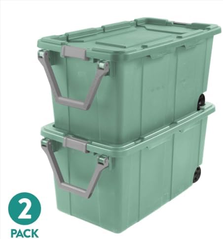 2-Pack 40 Gallon Wheeled Storage Bins With Latching Lids And Pull Handles, Heavy-Duty Rolling Totes For Garage Moving And Organization, Green