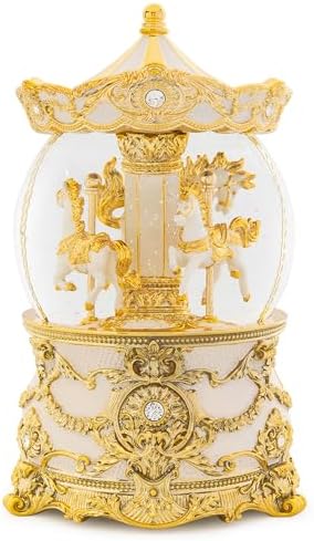 Carousel Music Box Gold & Ivory Christmas Snow Globes, 8.3" Rotate Carousel Snow Globe for Kids & Adults, Classic Wind up Musical Snow Globe Birthday Gifts for Women Girls, Carousel Horse Home Decor