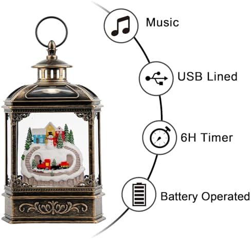 VISFLAIR Christmas Village Snow Globe Lantern Musical Lighted Mountain Village Snowman & Train Water Lantern in Swirling Glitter, Christmas Home Decoration and Gift, Battery Operated or USB Powered