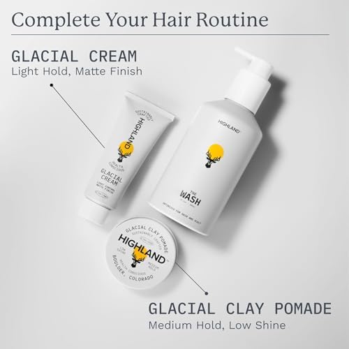 Highland Natural Hair Care Bundle – Glacial Clay Pomade (Medium Hold, Matte Finish, 9 Botanical Ingredients) + The Wash Botanical Cleanser (Caffeine, Protein-Rich, Hydrating, Sulfate-Free)
