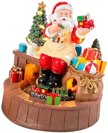 Kichvoe Santa Resin Music Box with Rotating Train Figurine and LED Warm Light, Battery Operated Christmas Musical Decoration for Indoor Holiday Setting and Family Gatherings