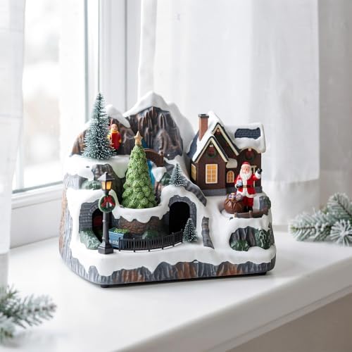 Cabilock Lighted Resin Christmas Village W/Dual Rotating Train, Led & Music