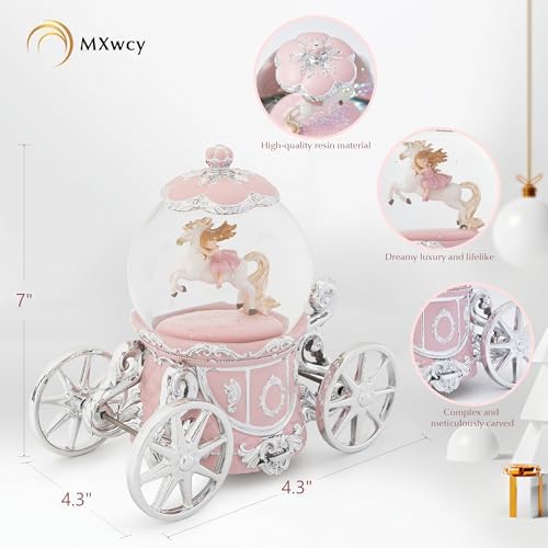 Unicorn Princess Carriage Snow Globe Music Box, 7" Pink Light Up Musical Snow Globe with La Vie en Rose Melody, Rotating Glitter Globe Decor for Girls Women, Birthday Christmas Valentine's Day Gift