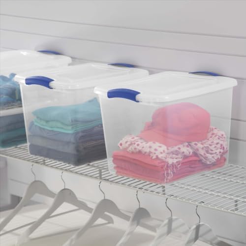 4 Pack 27 Quart Clear Medium Latching Storage Bins, Stackable Plastic Containers With Color-Accented Latches, BPA-Free Organizers For Closet Shelving, Household Items & Dorm Use
