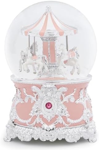 Carousel Music Box Silver Pink Christmas Snow Globes, 7.1" Glass Rotate Carousel Snow Globe for Kids & Adults, Classic Wind up Musical Snow Globe Valentines Day Gifts, Carousel Horse Home Decor