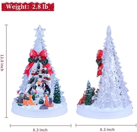 12.8" Animated Christmas Village Crystal Tree with Rotating Skiing Snowman and Lights, Auto 6H Timer and 8 Melodies, USB-DC/Battery Powered Christmas Decorations Collectible Buildings
