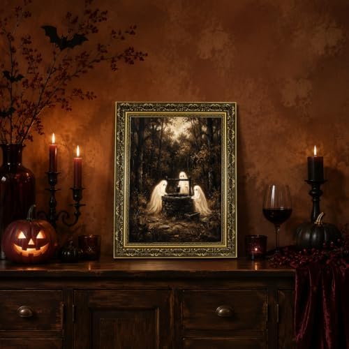 Gold Vintage Framed Ghost Wall Art, Spooky Halloween Forest Print