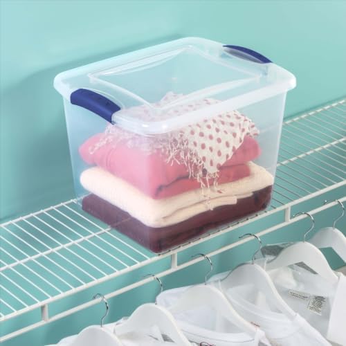 4 Pack 27 Quart Clear Medium Latching Storage Bins, Stackable Plastic Containers With Color-Accented Latches, BPA-Free Organizers For Closet Shelving, Household Items & Dorm Use