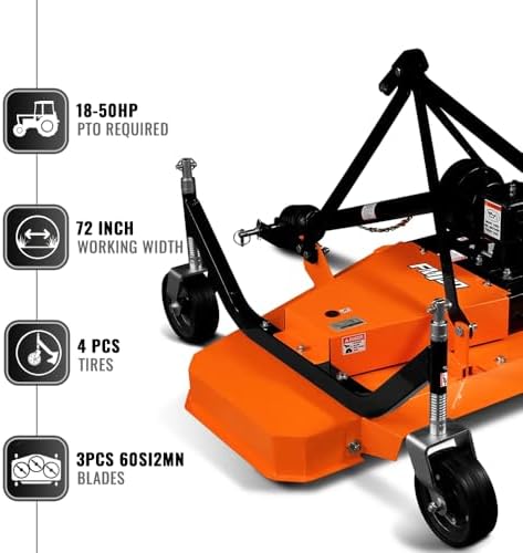3 Point PTO 72'' Working Width Finish Mower Attachment for 18-50hp Tractor, Category 1 Hitch, 4-Tires, 0.4'' - 4.5'' Adjustable Cutting Height, Model FM180