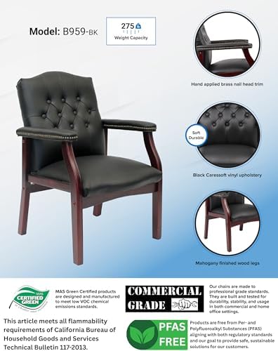 Boss Office Products Traditional Caressoft Vinyl Guest Chair with Mahogany Finish Wood Base, Black