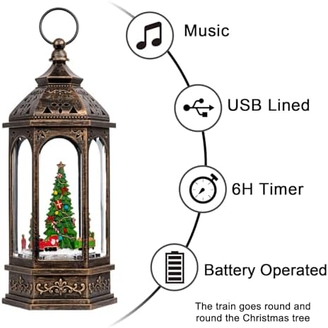 VISFLAIR 12.8'' Christmas Snow Globe, Santa Train Will Rotate Around The Christmas Tree with Musics Swirling Glitter Water Lantern Decoration for Home, Battery Operated or USB Powered