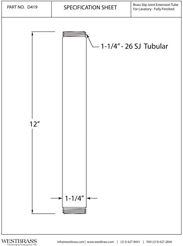 Westbrass D419-26 1-1/4" OD x 12" Double End Threaded Lavatory Sink Drain Extension Tailpiece, Polished Chrome