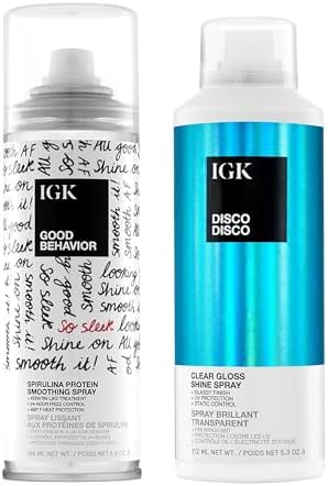 IGK Glass Hair Duo | Good Behavior Spirulina Smoothing Spray + Disco Disco Clear Gloss Shine Spray | Keratin Like Treatment + Glossy Finish | 5.6 oz + 5.3 oz