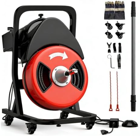 Garvee 50FTx1/2 Inch Drain Cleaner Machine with Wheels, Sewer Snake Electric Drain for 2" to 4" Pipes, Plumbing Snake Auger Cleaner with 6 Cutter & Foot Switch for Sewer, Sink, Toilet, Bathroom