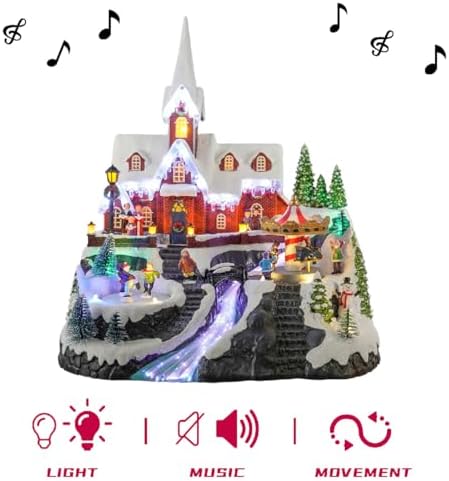15" Christmas Village Church House - Animated Winter Scene with Turning Skaters, Rotating Carousel, Fiber Optic Lights, and Music for Christmas Home Decor Gift - Adapter Included