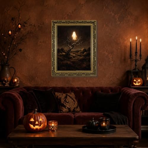 Gold Vintage Framed Ghost Wall Art, Spooky Halloween Nature Poster