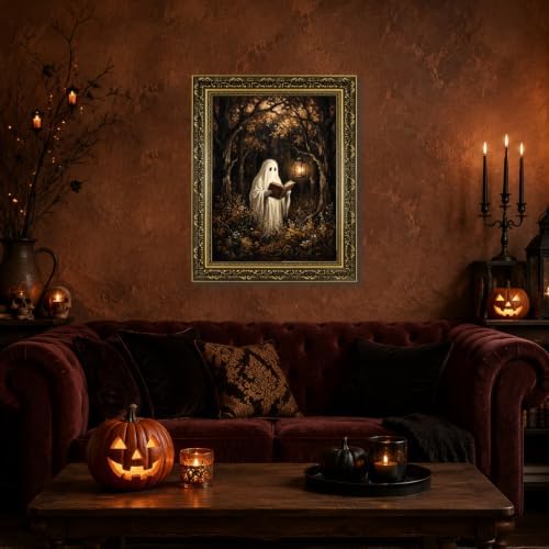 Gold Vintage Framed Ghost Reading Book Wall Art, Spooky Halloween Decor