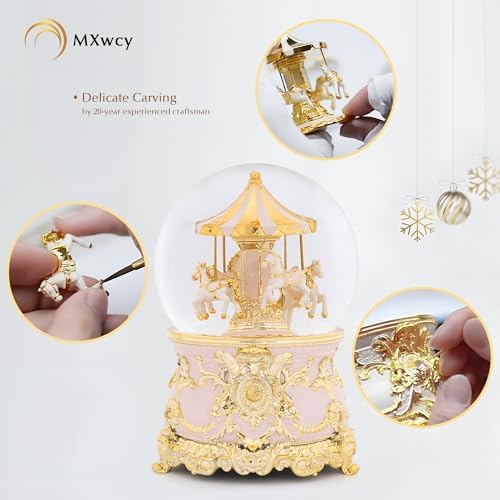 Carousel Music Box Gold Pink Christmas Snow Globes, 7.1" Glass Rotate Carousel Snow Globe for Kids & Adults, Classic Wind up Musical Snow Globe Valentines Day Gifts, Carousel Horse Home Decor